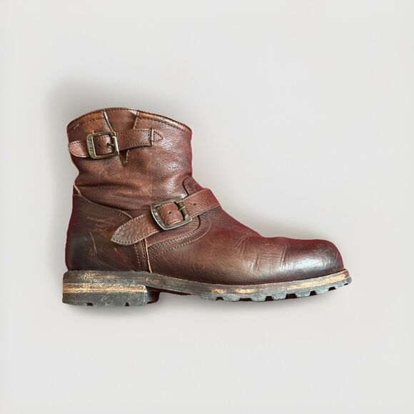 Frye Distressed Boots Men's Size 14 Brown Leather Shearling Interior Moto Biker - Picture 1 of 11